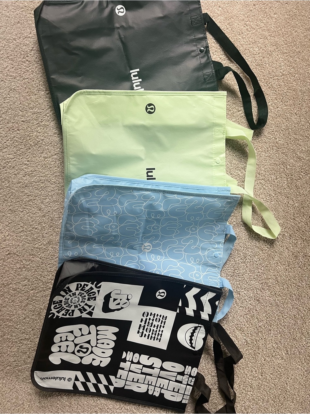 Lululemon Tote Bag Bundle - dark green Lime, Light Blue, Black Graphic